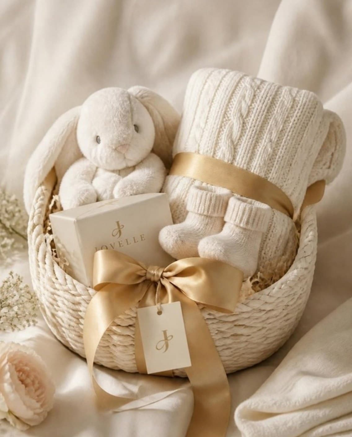 Cream basket with a knitted baby blanket, soft toy and gold ribbon