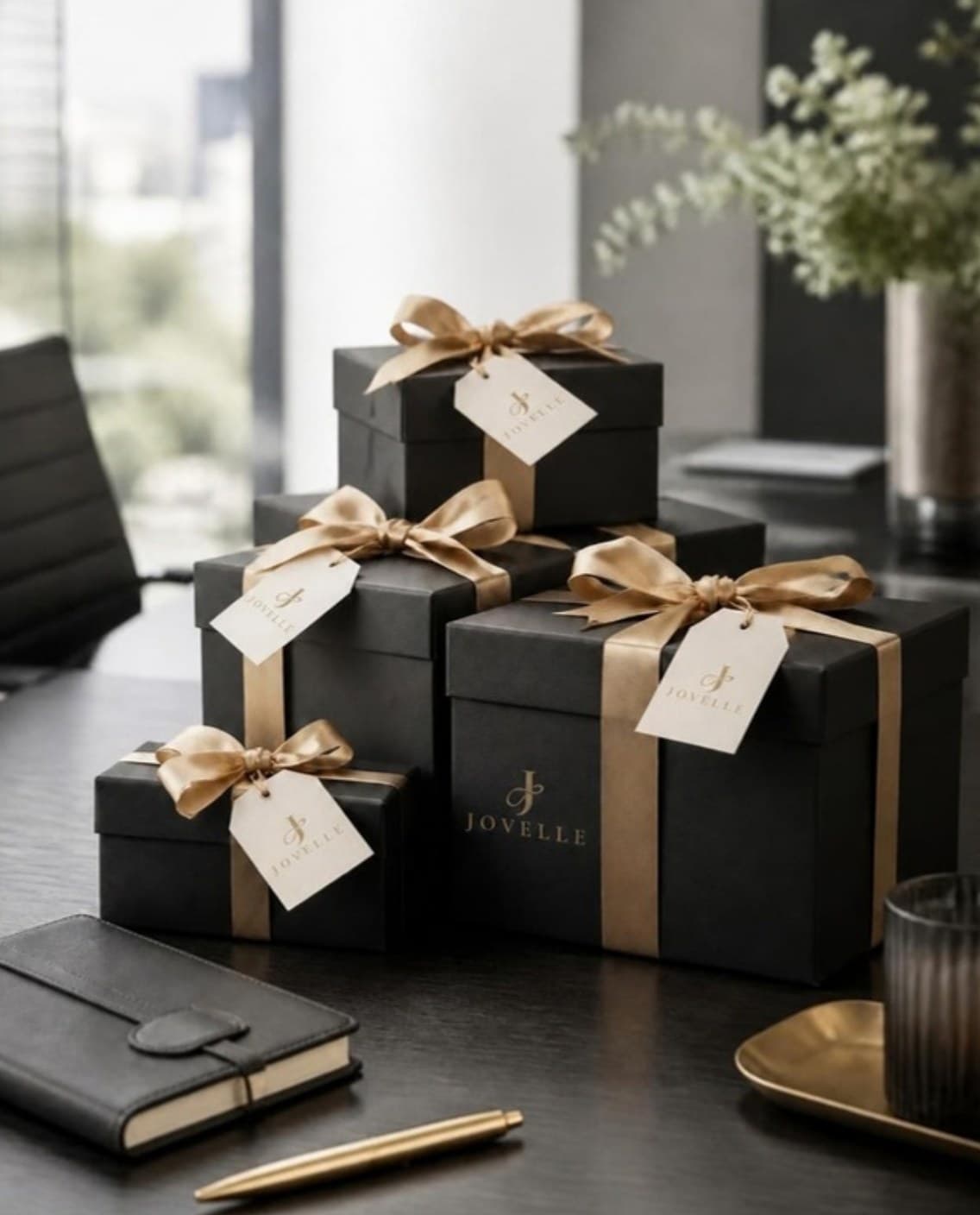 Black gift boxes with gold ribbons on an office conference table