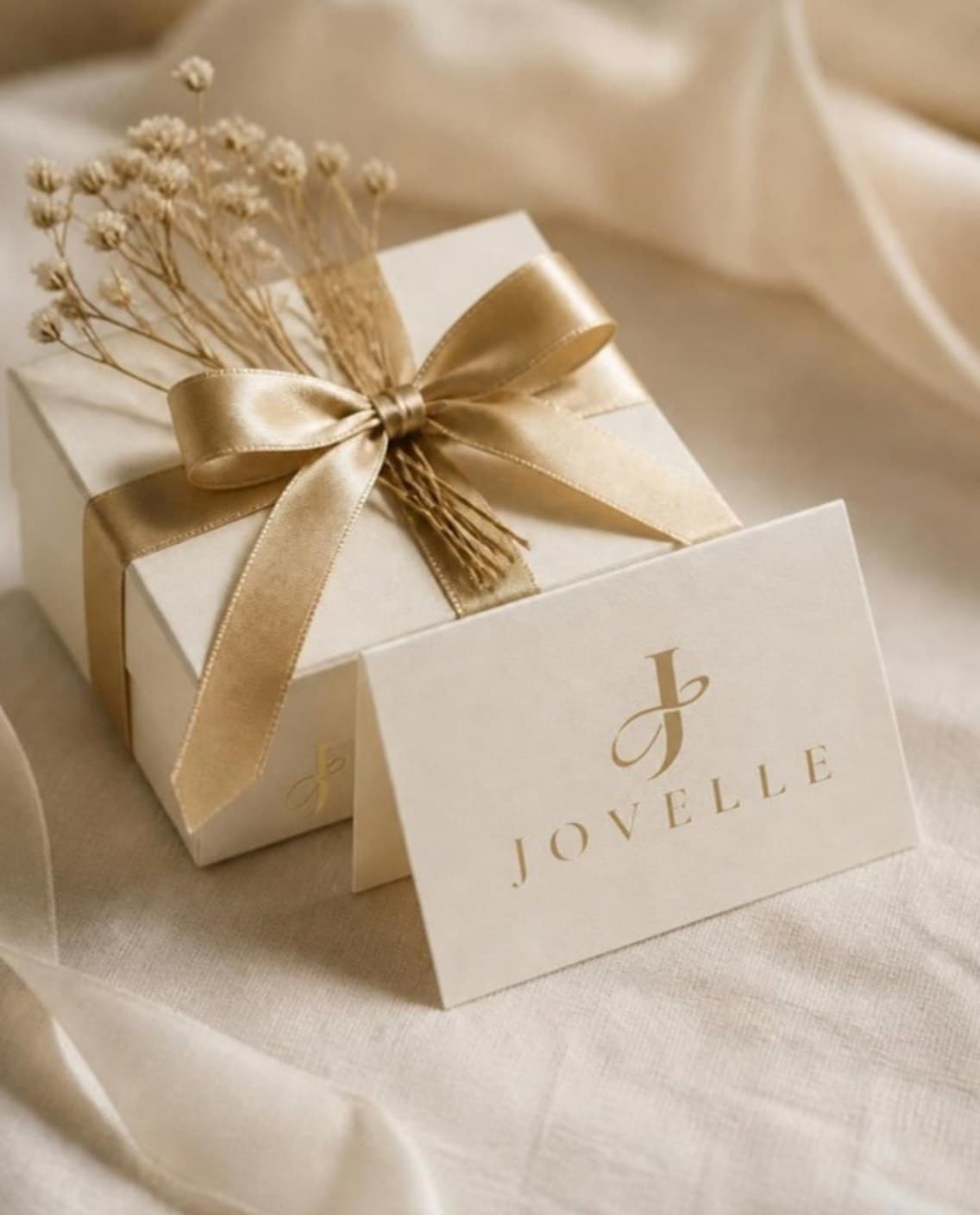 Small cream gift box with a gold bow, dried flowers and a note card