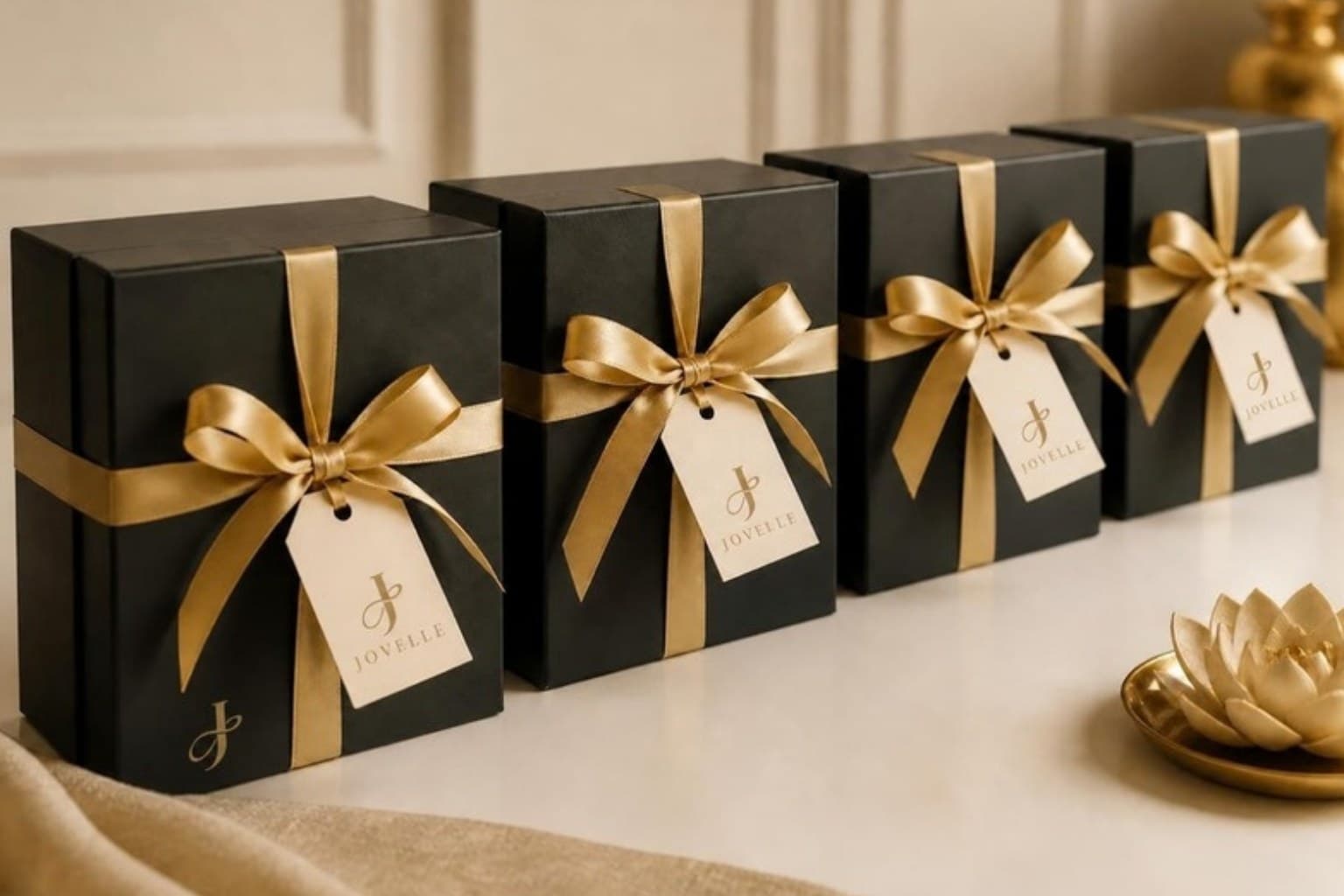 A row of black gift boxes, each tied with a gold satin ribbon and an ivory card tag