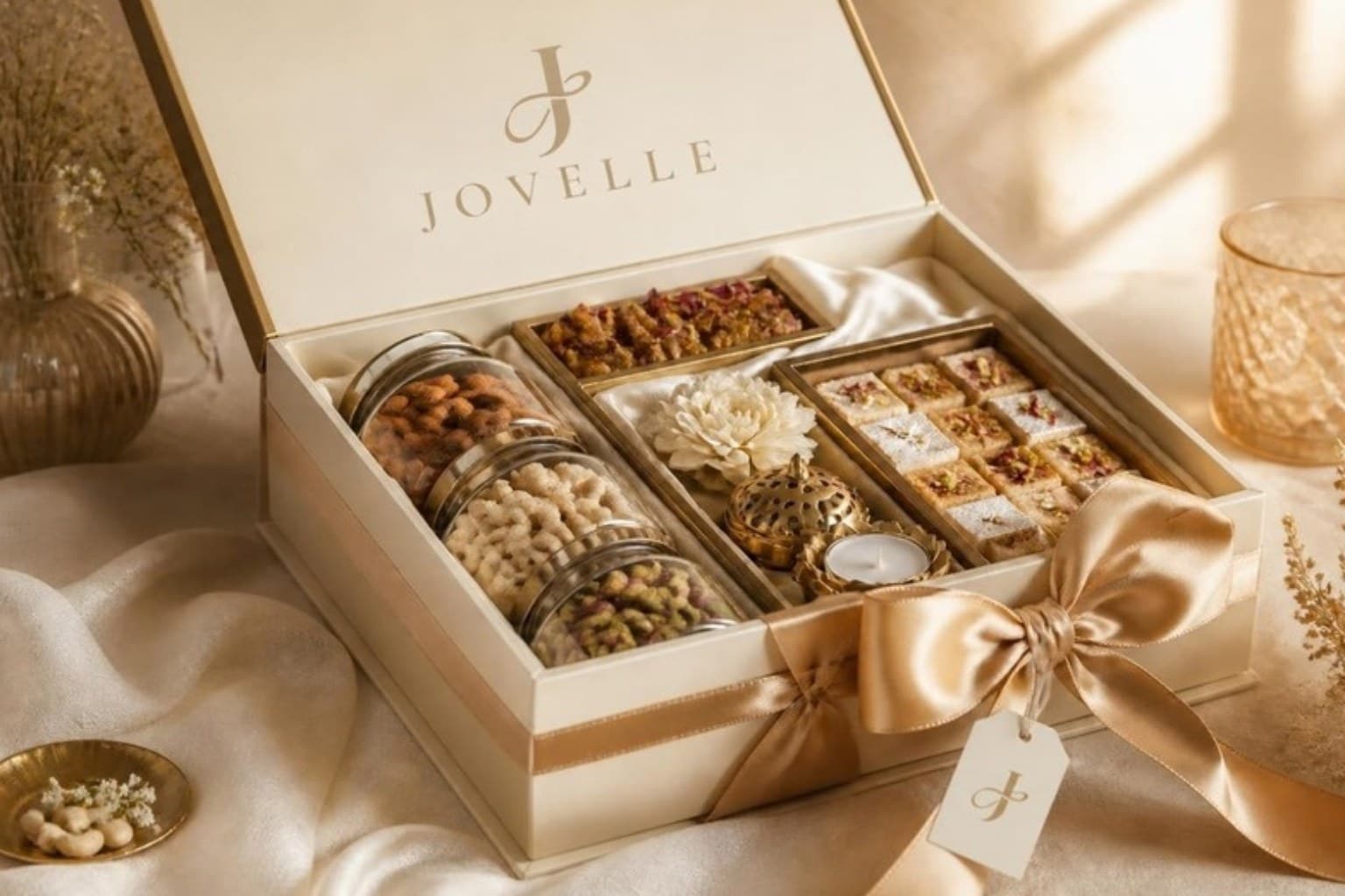 Cream gift box of dry fruits and sweets, tied with a gold satin ribbon